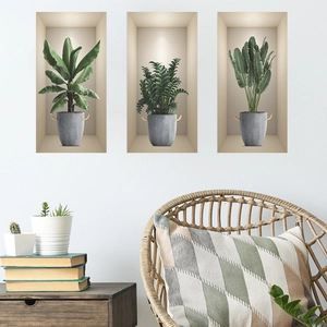 Set of 3D tropical potted plant wall decals featuring green leaves in beige niches