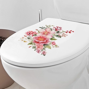 Green plants and pink floral toilet lid stickers for bathroom home wall decoration