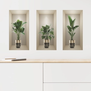 3D potted green plant wall stickers with 3D alcove design for living room decor