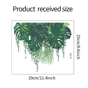 Detail showing tropical monstera leaf wall decal dimensions measuring 29cm by 25cm