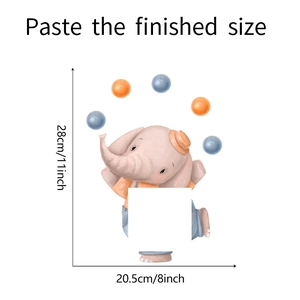 Dimensions détaillées du sticker mural éléphant rose jongleur pour chambre d'enfant