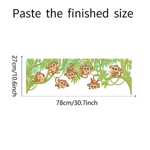 Jungle monkeys and green vines wall sticker set showing finished size dimensions