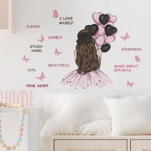 Removable PVC Wall Sticker Cartoon Back View Girl With Pink Heart Balloons Butterfly Inspirational English Quote Decal For Kids Room Living Room Decor
