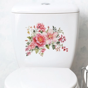 Floral toilet tank wall decal featuring pink flowers and green leaves on white ceramic