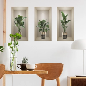 Modern 3D wall stickers featuring green potted plants in black and gold pots for home decor