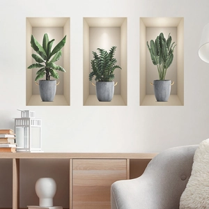 3D tropical plant wall decals featuring banana leaf and money tree in gray pots