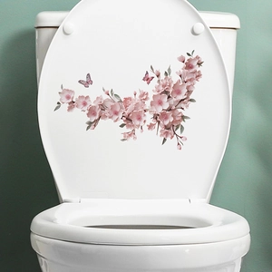 Pink flowers and purple butterflies decorative wall sticker for bathroom toilet lids