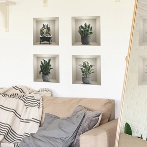 3D potted green plants wall stickers set with cactus and monstera for living room decor