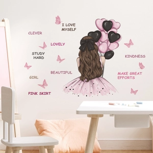 Creative wall sticker set featuring a girl with heart balloons and pink butterfly decals
