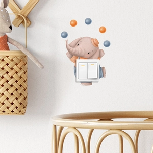 Sticker mural éléphant rose mignon avec salopette bleue pour déco d'interrupteur d'enfant