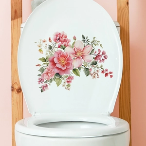Pink floral waterproof PVC wall sticker for bathroom decor on white toilet seat