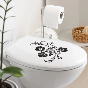 Creative black flower wall sticker decal on a white toilet lid for bathroom home decor