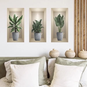 Modern 3D green potted plant wall stickers set of three for bedroom home decoration