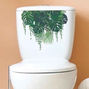 Tropical green leaves monstera wall decals for bathroom toilet seat decoration