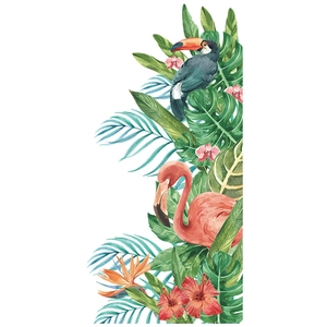Detail view of watercolor tropical wall stickers with pink flamingo and monstera leaves