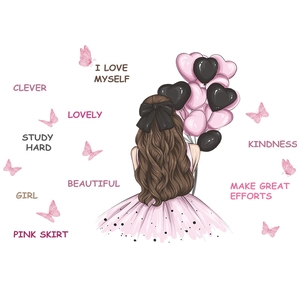 Detail of girl with heart balloons wall sticker featuring I Love Myself text