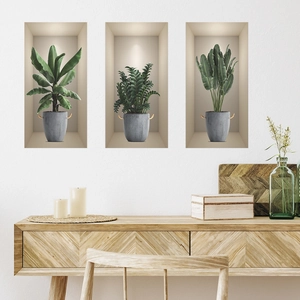 3D potted plant wall decals set with green palm leaves in modern gray pots