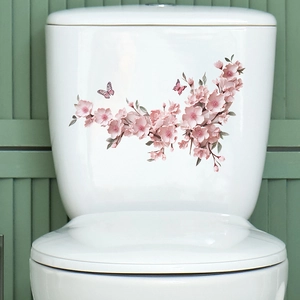 Pink cherry blossom and butterfly waterproof wall sticker for bathroom toilet decoration