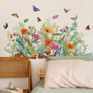 Stickers Muraux Fleurs et Papillons Pour Chambre Salon PVC Amovible Fleur Plante Décalcomanie Murale Style Pastoral Décoration Maison