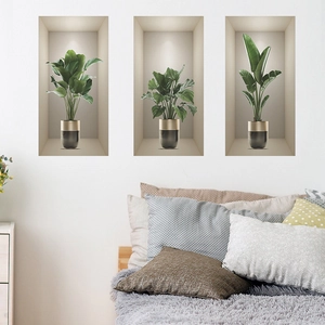 3D potted green plant wall stickers with realistic niches and modern black gold pots