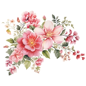 Detail of pink and red peony floral stickers with green leaves in watercolor style