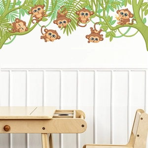 Cartoon monkey wall decals with jungle vines for children room wall decoration stickers