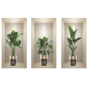 Detail view of 3D Nordic potted plant wall stickers with monstera leaves and gold pots