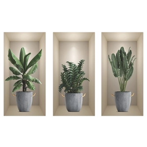 Detailed 3D wall decals showing tropical green plants in grey cement pots with lighting effect