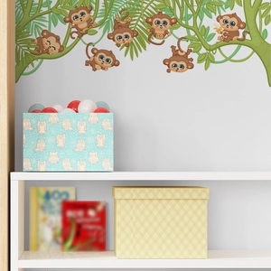 Cartoon jungle monkeys and green vine wall stickers for children bedroom wall decor