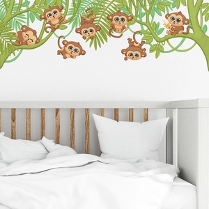 Cartoon monkey wall decal with green vines and leaves for kids bedroom nursery decoration