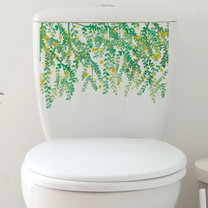 Stickers muraux imperméables de vignes vertes et fleurs jaunes pour décor de toilette