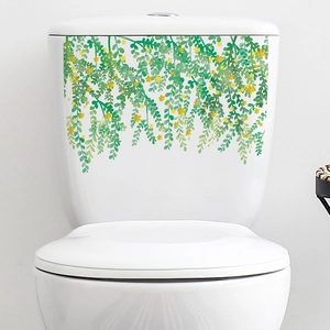 Stickers muraux imperméables avec vignes vertes et fleurs jaunes pour décor de toilette