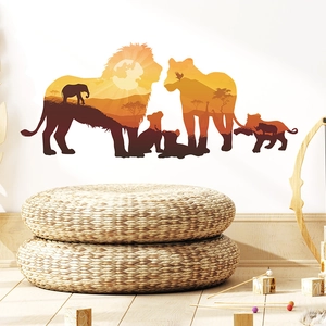 Creative lion family silhouette wall sticker with African savanna sunset scenery for home decor