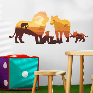 Creative lion silhouette wall sticker with sunset savannah design for living room decor
