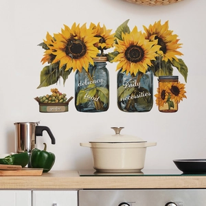Vibrant sunflower wall stickers with blue jars and grapes for kitchen home decoration