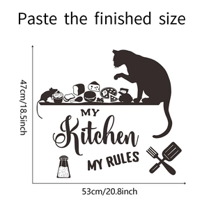 Detailed size chart for cartoon cat kitchen wall decal measuring 47x53cm with food elements