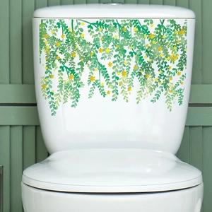 Sticker de Toilette Vigne de Plante Verte Fleur Jaune PVC Imperméable Sticker Mural Salle de Bain Décoratif Amovible Autocollant