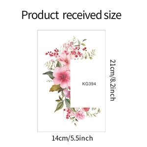 Detailed size chart for KG394 floral wall sticker with pink flowers and green leaves