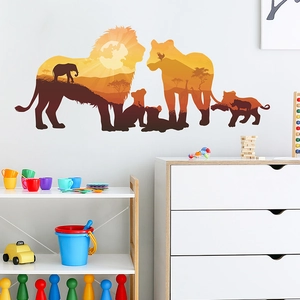 Cartoon lion silhouette wall sticker featuring African savanna sunset for home decor