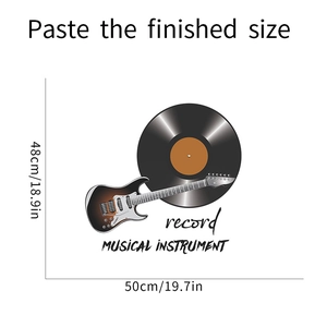 Détail du sticker mural disque et guitare montrant les dimensions de 48x50cm