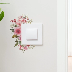 Floral wall sticker with pink flowers and green leaves for home switch decoration