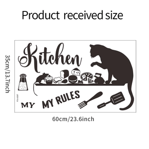 Detailed dimensions of cartoon cat kitchen wall sticker with My Rules silhouette design