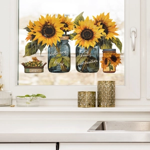 Self-adhesive sunflower wall decals in blue glass bottles for kitchen and home decor