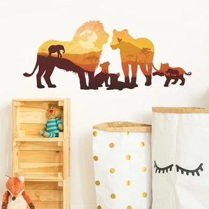 Lion family silhouette wall stickers with savanna sunset landscape for home decoration