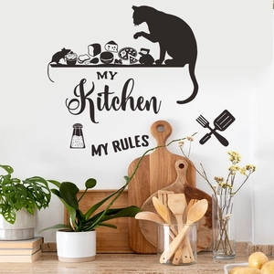 Cartoon cat My Kitchen My Rules wall sticker with food silhouettes for home decor