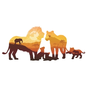 Macro detail of lion family wall sticker with savanna sunset silhouettes design