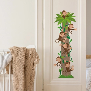 Cartoon monkeys climbing a palm tree wall decal for nursery and kids bedroom decor