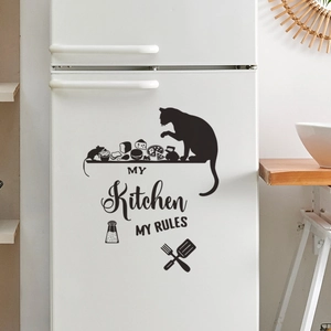 Cartoon cat My Kitchen My Rules wall decal on white refrigerator door home decor