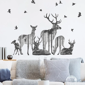Stickers Muraux Modernes Silhouette de Cerf de Forêt en PVC Auto-Adhésif Décalcomanies Murales Cerf et Oiseaux pour Décoration de Salon Chambre