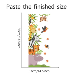 Detailed dimensions of jungle animal wall stickers featuring giraffe zebra and hippo